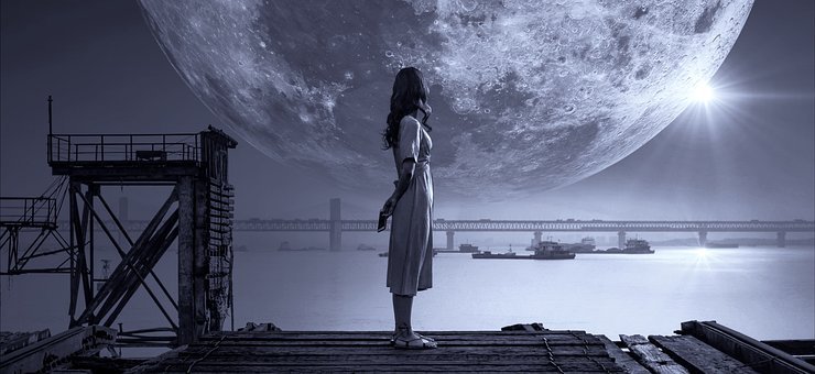 Fantasy, Moon, Girl, Night, Bank, Light