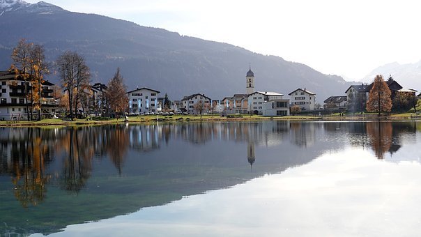 Village, Lake, Mountain, Reflection