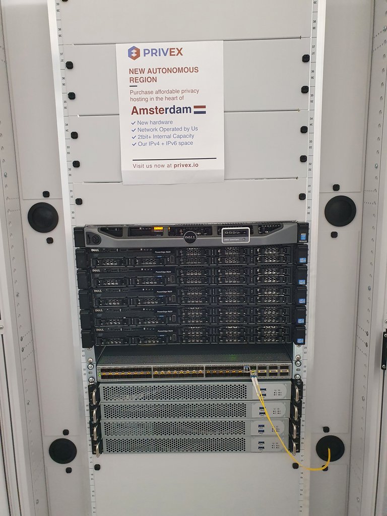 Front Photo of Privex's server rack in Amsterdam, Netherlands - 27 July 2021