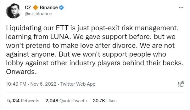 CZ saying why they sell the $FTT tokens, FTX have lobbied against Binance