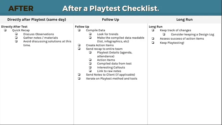 An example of a playtest checklist