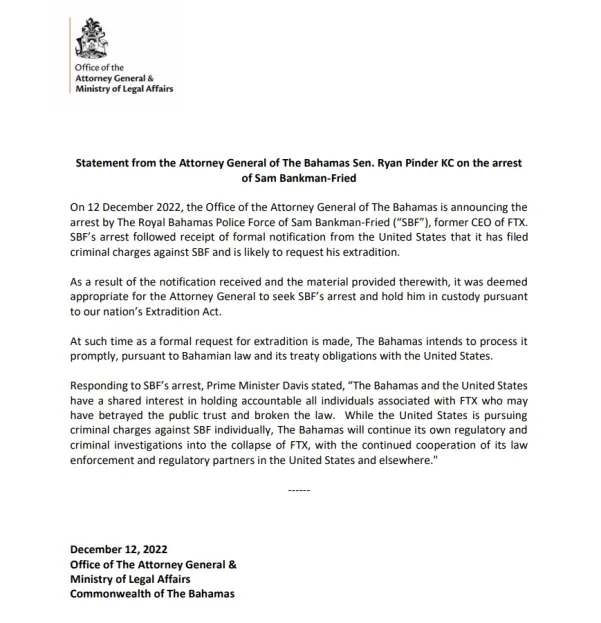 Bahamian statement on the arrest of SBF