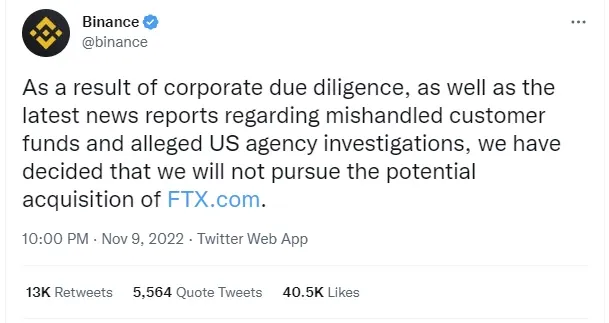 Binance official tweet saying they are backing out of the deal