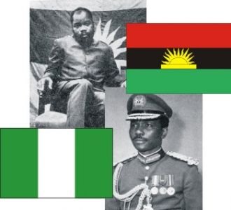 Biafra_Nigeria flags with Ojukwu and Gowon.jpg