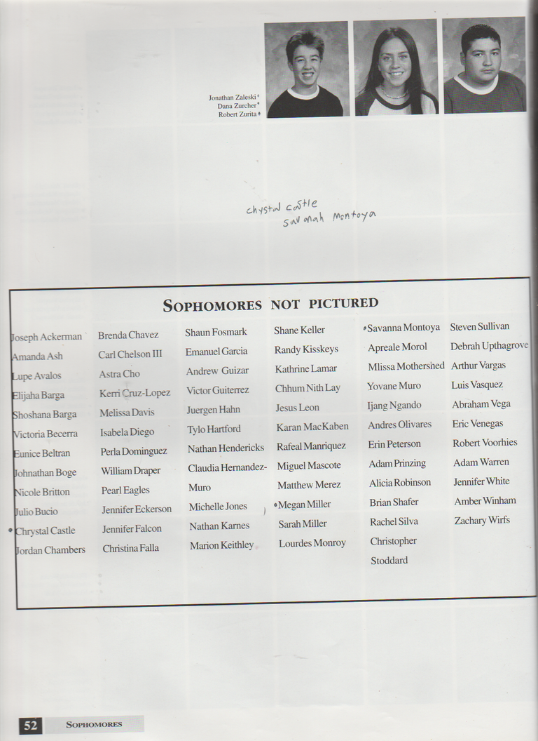 2000-2001 FGHS Yearbook Page 52 NOT PICTURED Savannah Montoya, Chrystal Castle.png