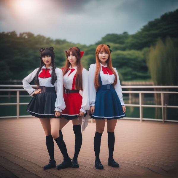 group of girls cosplaying as fictional female anime characters, standing pose.png