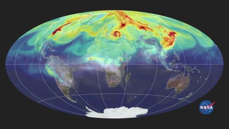 Niveles de CO2 en la atmósfera en amarillo y rojo , niveles más elevados(FUENTE NASA).jpg