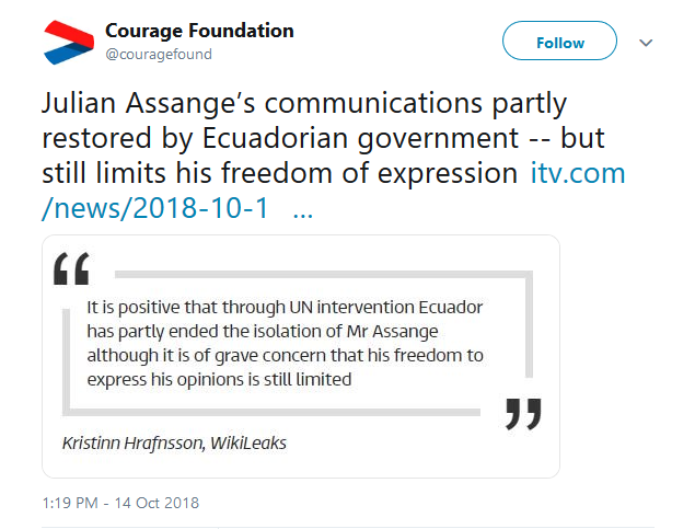 Courage Foundation on Twitter   Julian Assange’s communications partly restored by Ecuadorian government    but still limits his freedom of expression https   t.co 0B0utKw3KT… https   t.co nfQujxr1r5 .png