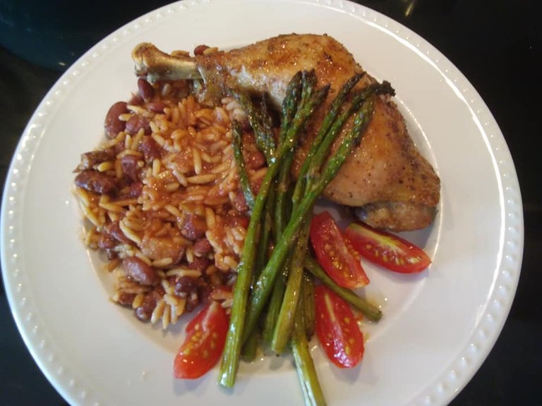 food 6.20 roast chicken pr rice beans aspargus tomatoes.jpg