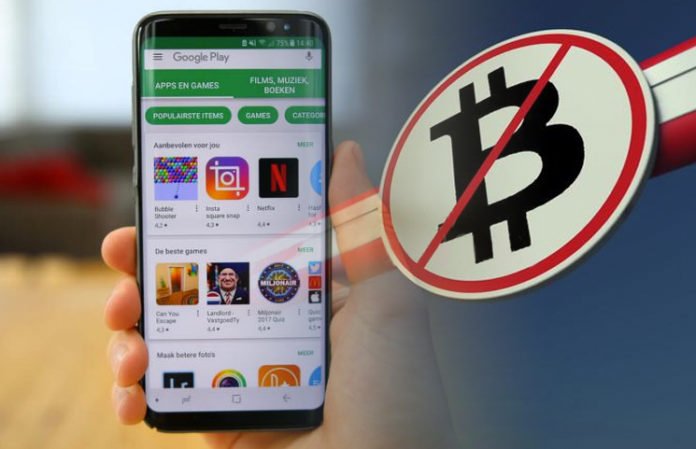 Mobile Phone with Play Store Apps on Left Side and Bitcoin Symbol with Red Line Through It On Right Side