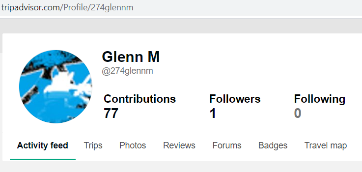 screenshot of my stats on TripAdvisor.com: 77 contributions