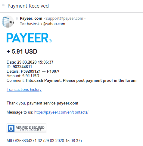 Payeer payment received from Hits Cash 29th Mar 2020.PNG $5.91.PNG