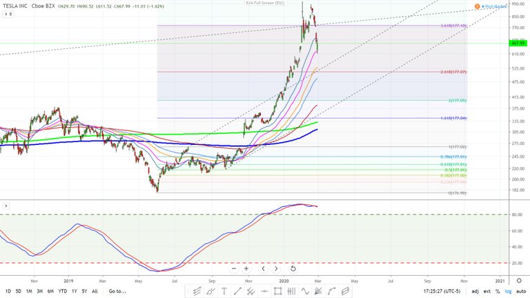 Tesla TSLA Fibonacci false break out smashed down daily - February 28, 2020.jpg