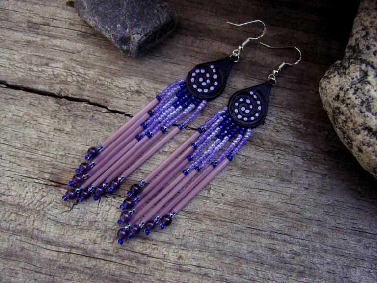 Spiral Leather Seed Beaded Dangle Earrings 1b.jpg