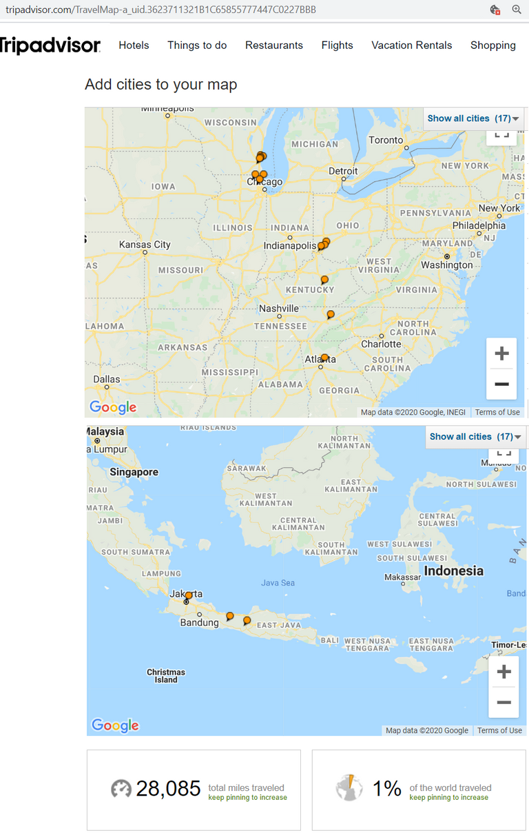 screenshot of the maps showing where my contributions are located in the US and Indonesia