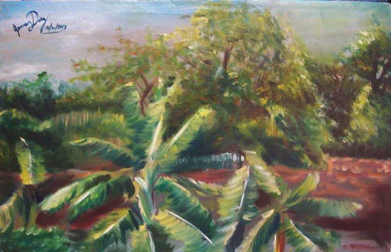 arboles y plantas de guineo verde, oleo 40x60cm.jpg