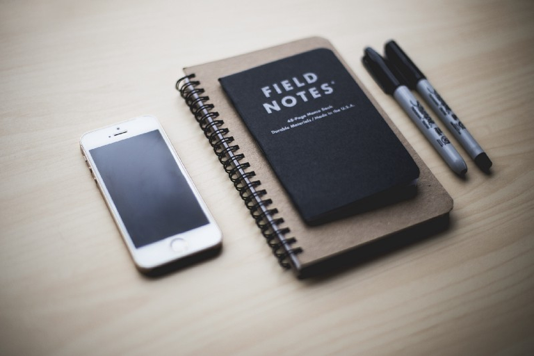 “A Field Notes memo book on top of a larger spiral notebook with two sharpies on the right and a phone on the left” by Kari Shea on Unsplash