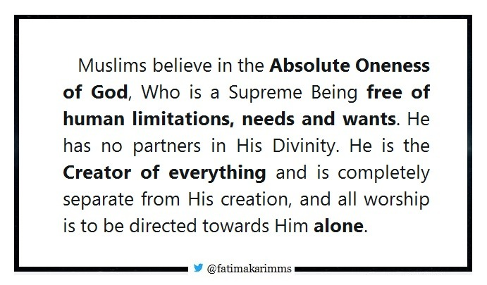 Muslims believe in the Absolute Oneness of God, Who is a Supreme Being free of human limitations, needs and wants. He has no partners in His Divinity1.png