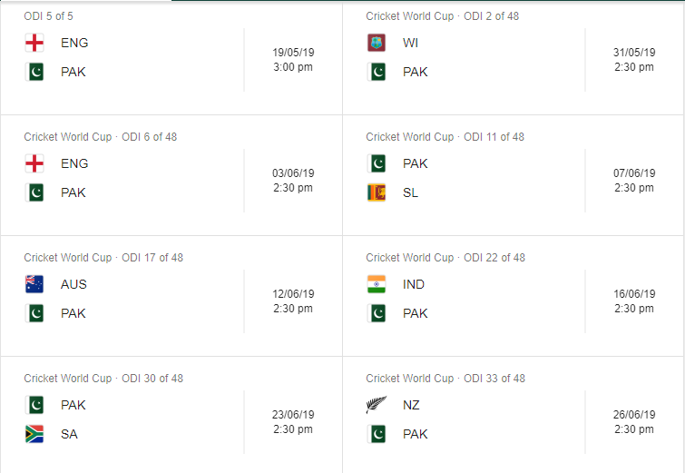 Pakistan Cricket Team World Cup 2019 Schedule.png