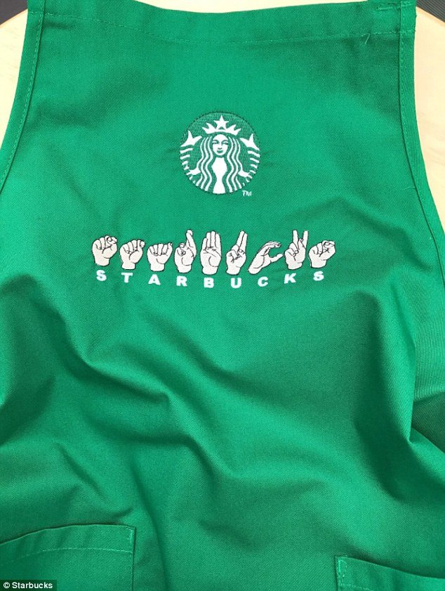 Green Starbucks Apron with Starbucks and Fingerspelling