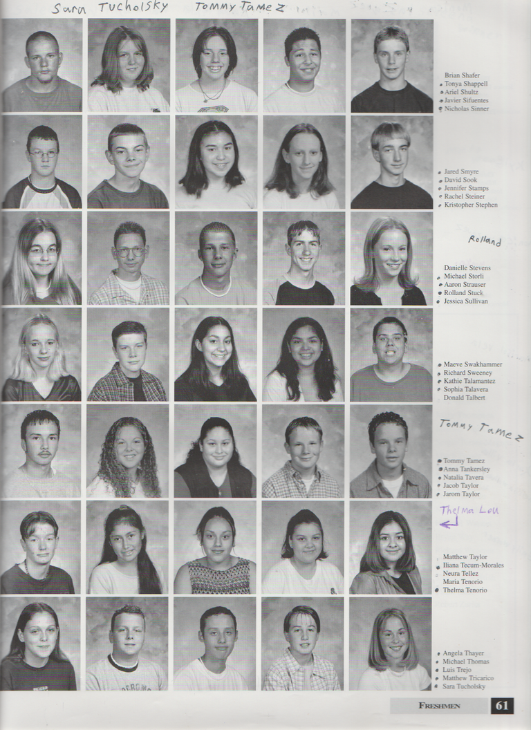 2000-2001 FGHS Yearbook Page 61 Angela Thayer, Sara Tucholsky, Tommy Tamez, Rolland Stuck Free Bread, Jared Smyre, Thelma Lou Tenorio.png