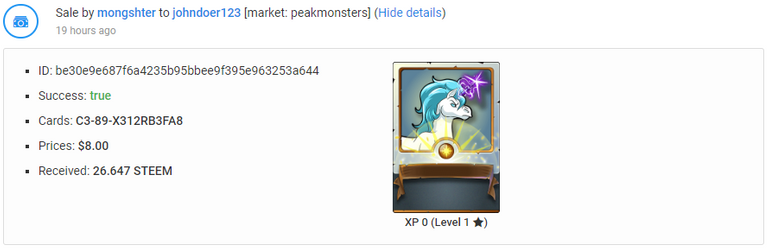 proof of sale on the peakmonsters.com "explorer"