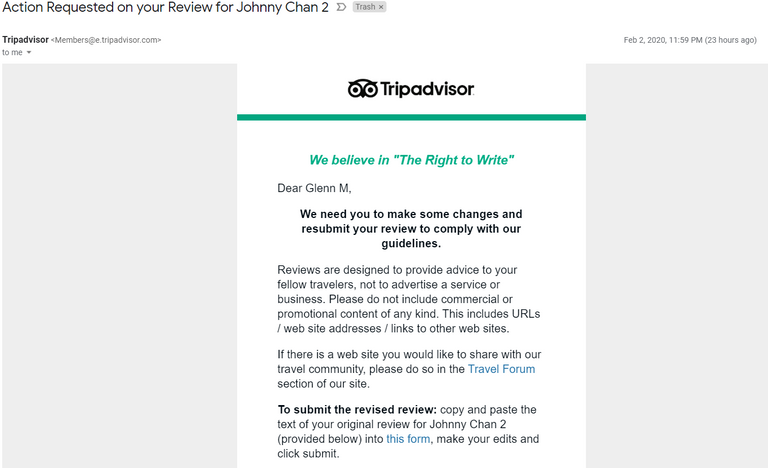 screen shot of the beginning of email notice from Trip Advisor