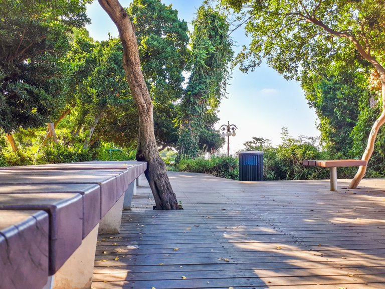 A seating areas over the Louis Promenade in Haifa