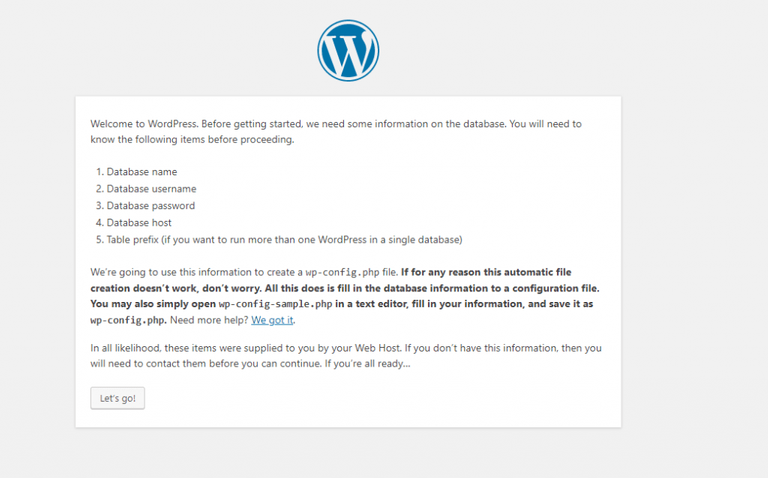 Wordpress Setup - Vefore getting started window