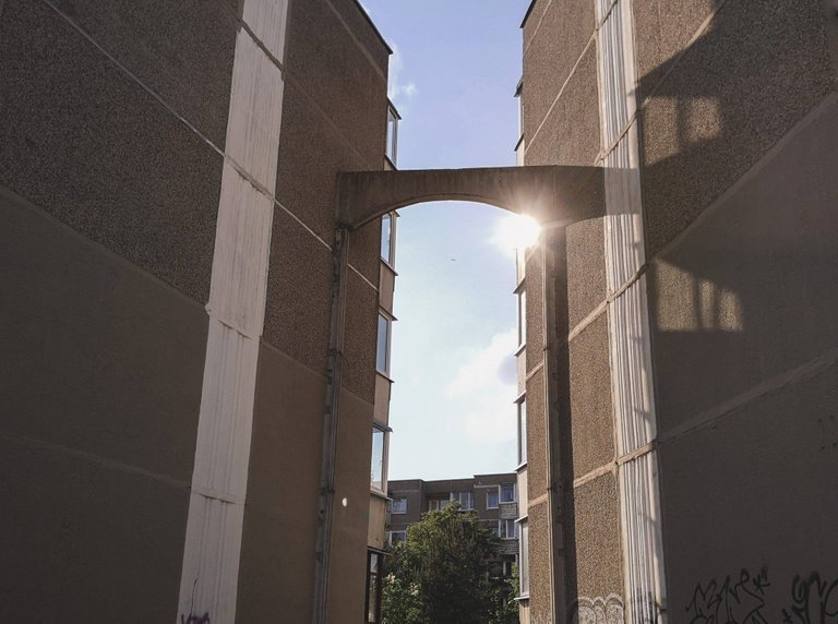 Grey brutalist architecture in Fabijoniškės, VIlnius