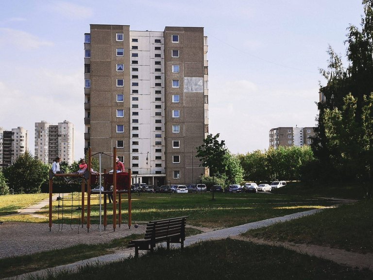 Children playing in soviet brutalist micro-district Fabijoniškės, VIlnius