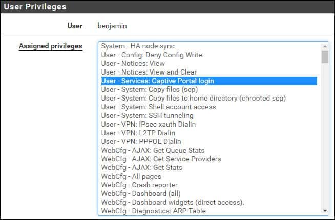 pfsense captive portal user privileges