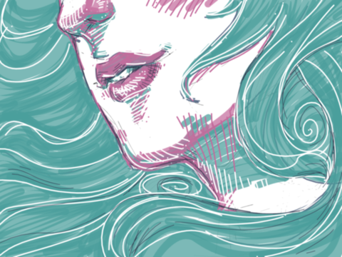 Flowhair: original drawing on dada.nyc, female face with cyan and muted magenta color