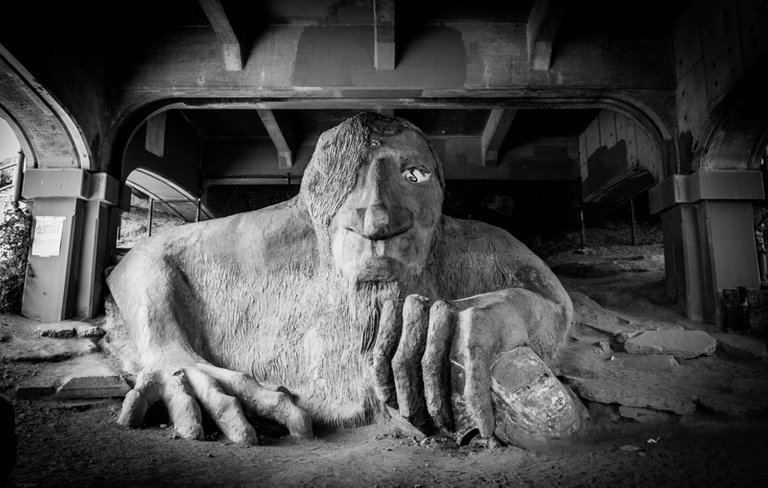 fremont troll seattle black and white photo