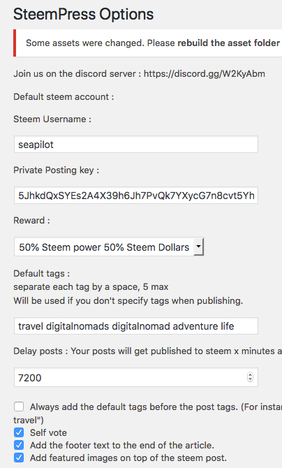 SteemPress settings on WordPress