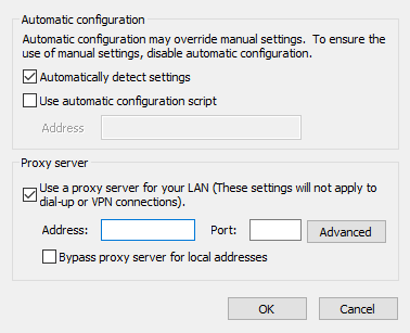 proxy settings dialog box