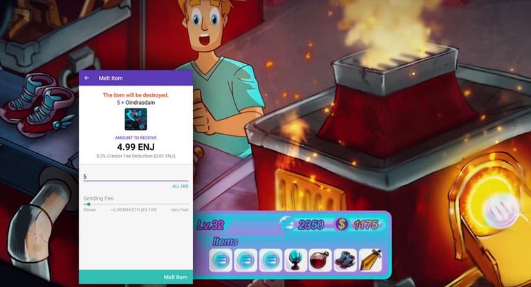 Melting Items in Enjin's Wallet. The procedure "returns" the base value of any item.