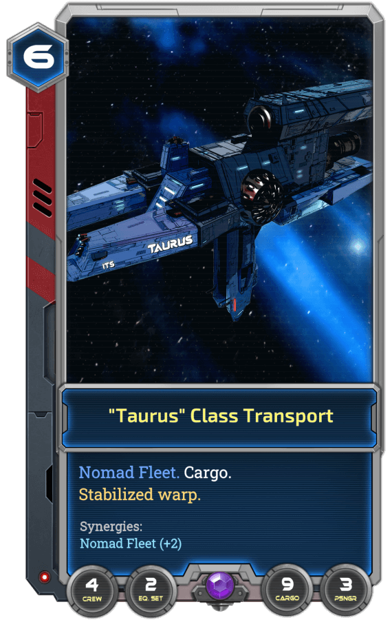 The Taurus Transport is a Nomad Fleet ship and uses their special 'Stabilized Warp' technology that allows cargo crates to not hinder your hyperspace chances.