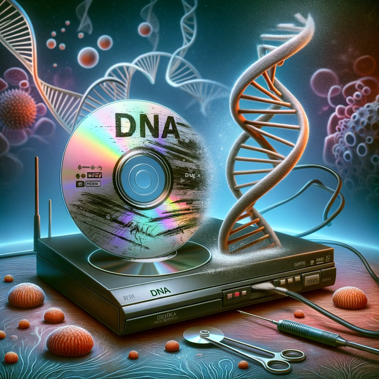 DALL·E 2023-11-15 18.23.01 - A visual metaphor for aging and DNA. The image shows a scratched DVD representing DNA with epigenetic changes over time, alongside a DVD player that i.png