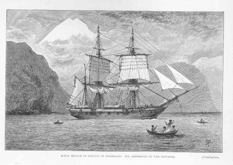 FMIB_47233_HMS_Beagle_in_Straits_of_Magellan_Mt_Sarmiento_in_the_Distance  Darwin, Charles (1890) free.png