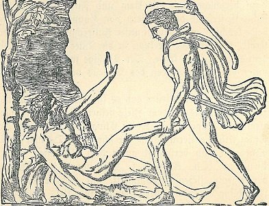 Theseus2 und_Stiron  Griechische Heldensagen für die Jugend bearbeitet 1902 public.jpg