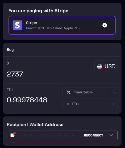 Buying ETH with fiat directly into Immutable L2 via LootRush