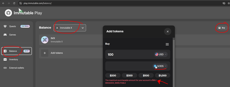Screenshot of https://play.immutable.com/balance/ showing the steps for buying $GODS directly on L2 with MoonPay