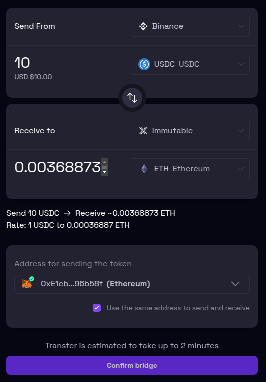 Bridging USDC from Binance to ETH in L2 via https://www.lootrush.com/tokens/swap