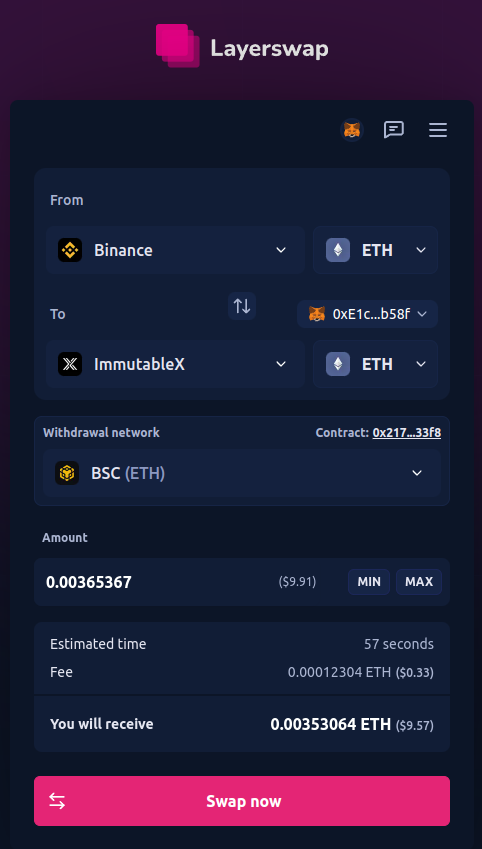 Binance -> L2 setup at https://layerswap.io/app