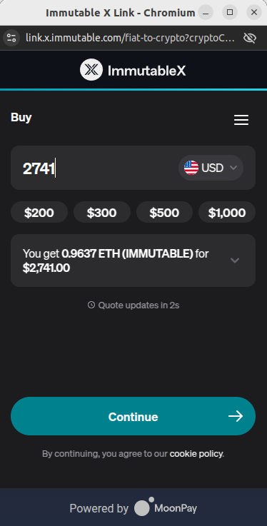 Window pop-up for Moonpay crypto purchases
