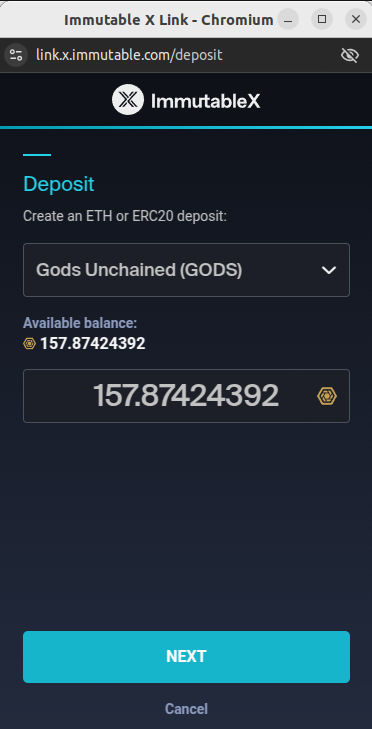 Popup window to start a new L2 deposit