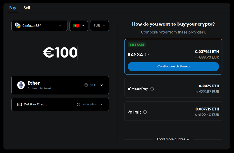 Screenshot of MetaMask options for buying ETH in Arbitrum with a card, using 1 of 3 possible payment providers