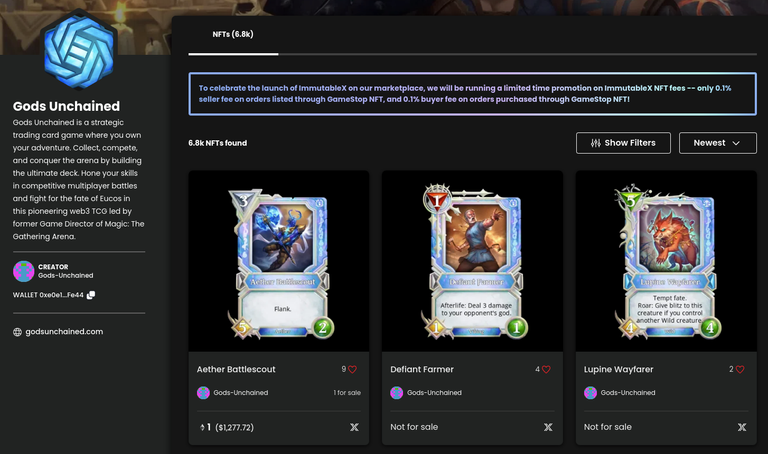 GS Marketplace front page for Gods Unchained showing a card that is not worth more than $6 for sale at 1 ETH and 2 cards that are not even for sale