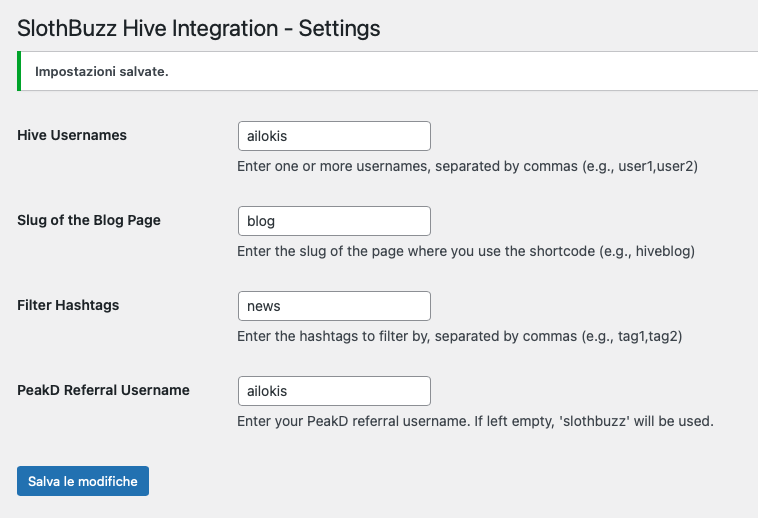 SlothBuzz Hive Integration Settings